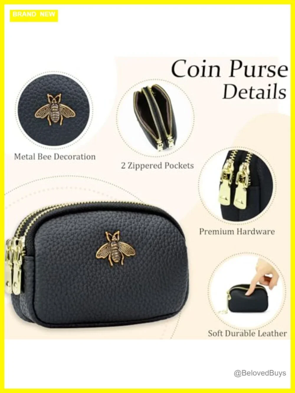 Faux Leather Coin Purse Women Small 2 Zipper Wallet Key Ring Card Holder